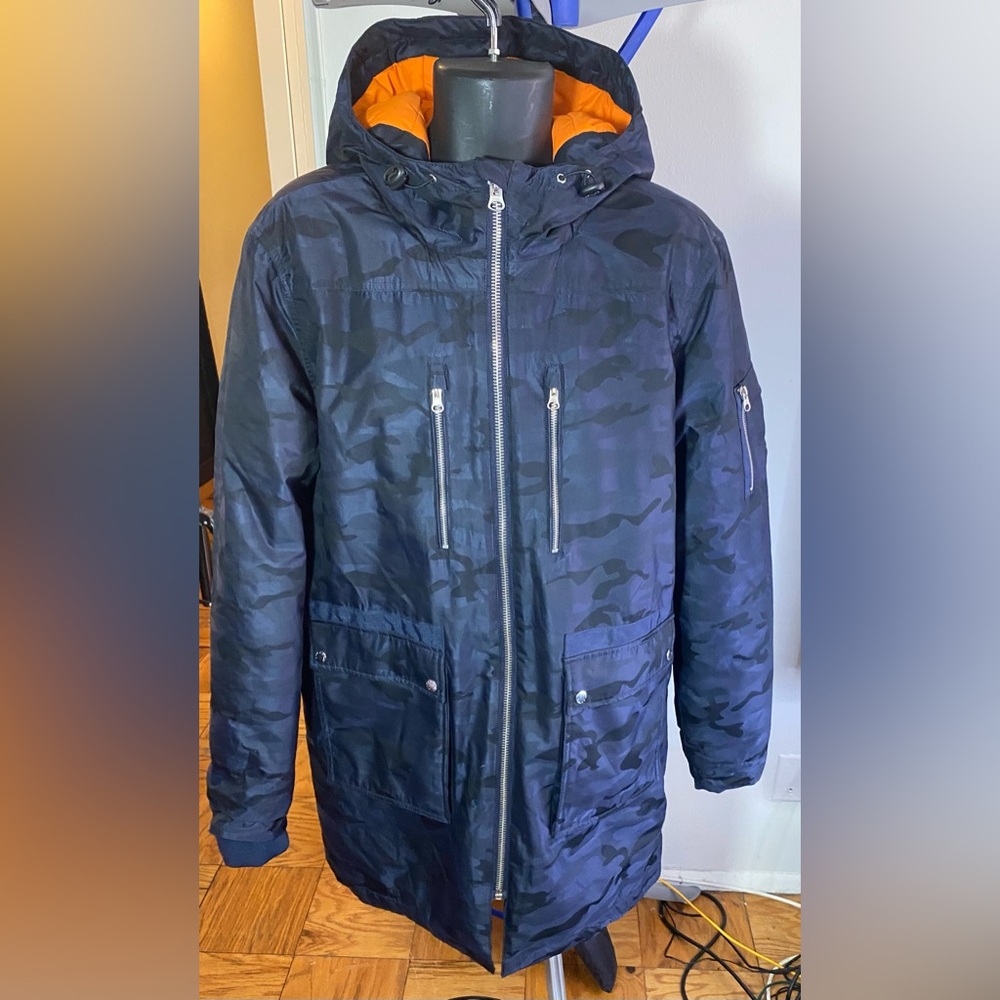 💙Slate & Stone Long Hooded Parka Coat Blue Black Camo Size L